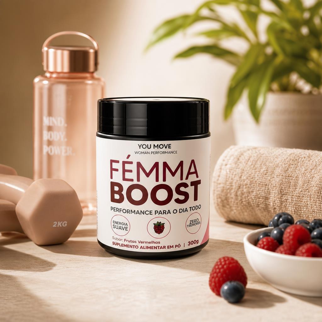 Pote de FÉMMA BOOST, suplemento alimentar em pó de 300 g, sabor frutas vermelhas